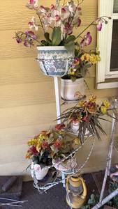 lot 60642 image: White Metal Decorative Plant Stands with Artificial Flowers & Pots (Set of 2) - Retail $45