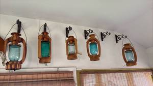 lot 60644 image: Decorative Hanging Lantern Light Fixtures with Blue Glass (Set of 5)- Retail $75