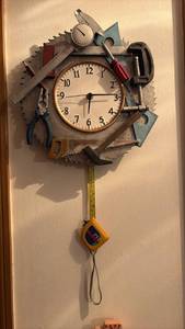 lot 60660 image: Handmade Tool-Themed Wall Clock with Measuring Tape Pendulum - Retail $45