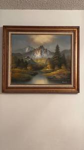 lot 60664 image: Mountain Lake Landscape Oil Painting in Wooden Frame - Retail $75