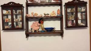 lot 60673 image: Wood Wall Display Cabinets with Glass Doors & Shelf (Contents Included) - Retail $75