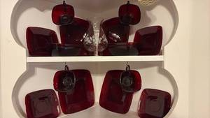 lot 60678 image: Ruby Red Glass Tea Set with Floral Etched Decanter - Retail $45