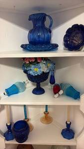 lot 60679 image: Blue Glass Collection Including Pitcher Plate Bowl Candlesticks and Decorative Items - Retail $75