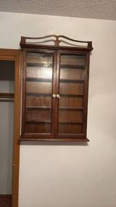 lot 60693 image: Wooden Wall Mounted Display Cabinet with Glass Doors - Retail $75