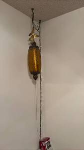 lot 60697 image: Mid-Century Hanging Swag Lamp with Amber Glass Shade - Retail $45