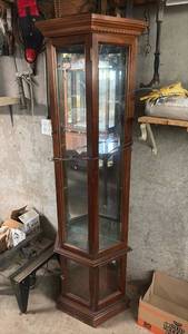 lot 60709 image: Wood Corner Curio Display Cabinet with Glass Shelves 70 in long  - Retail $150