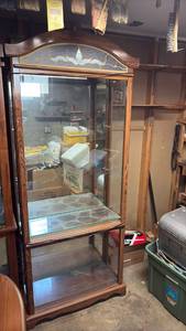 lot 60710 image: Oak Wood Curio Display Cabinet with Glass Shelves 75 in long  - Retail $150