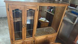 lot 60713 image: Oak Wood Entertainment Center with Glass Doors  Approx. 59 in Wide - Retail $150