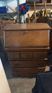 lot 60716 image: Wooden Drop Front Secretary Desk with Drawers - Retail $150