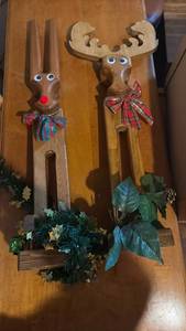 lot 60729 image: Handmade Wooden Reindeer and Moose Christmas Decorations with Plaid Bows - Retail $25