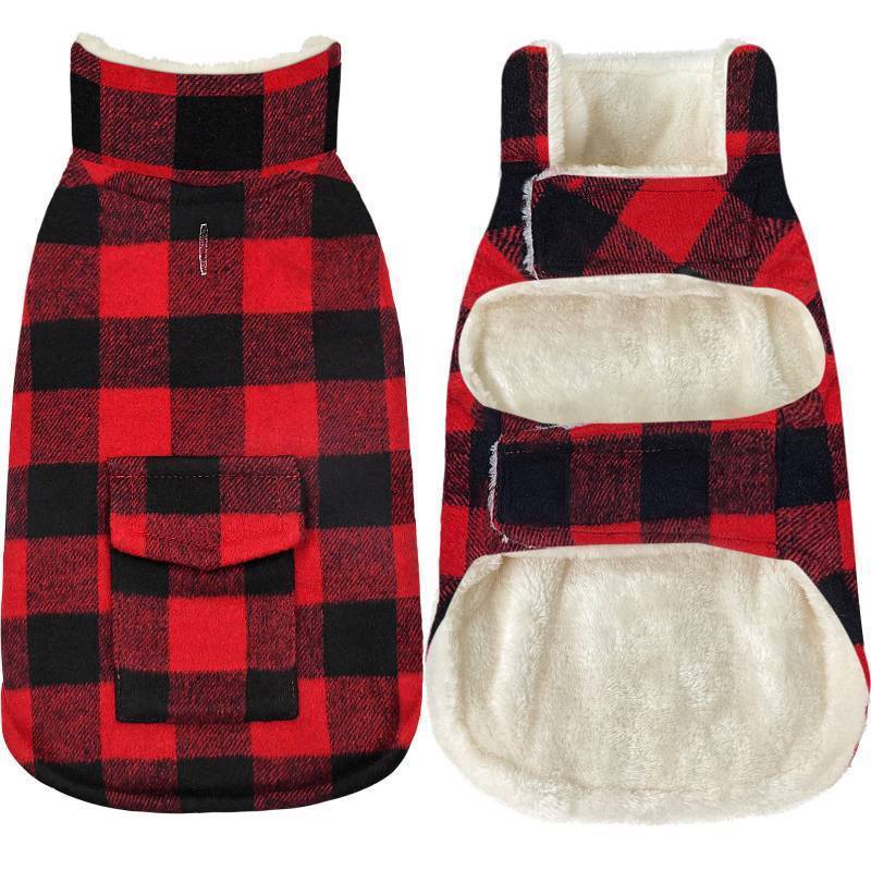 lot 26242 image: Dog Winter Coat, Classic Plaid Fleece Dog Cold Weather Coats Pet Jacket with Pocket, Windproof Warm Coat Vest Pet Clothes Apparel for Small Medium Large Dogs (Red, Large) - Retail $20