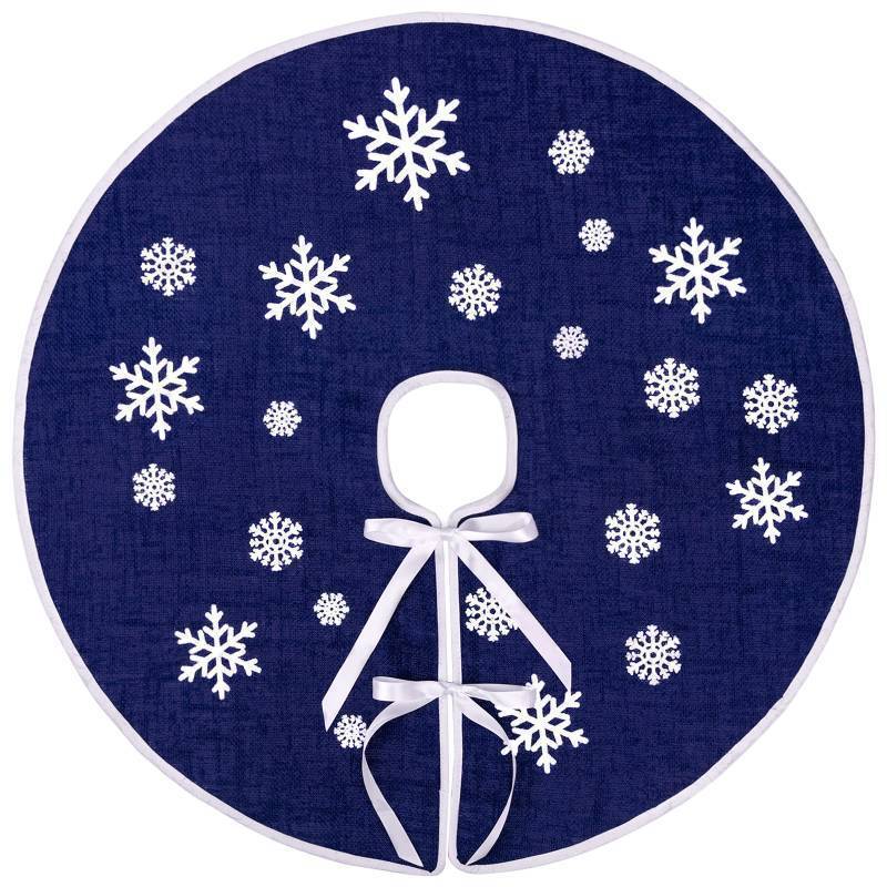 lot 26277 image: N&T NIETING Christmas Tree Skirt, 30 Inch Rustic Burlap Tree Skirt with Snowflakes Printed Christmas Tree Mat for Xmas Holiday Party Decoration, Dark Blue - Retail $10
