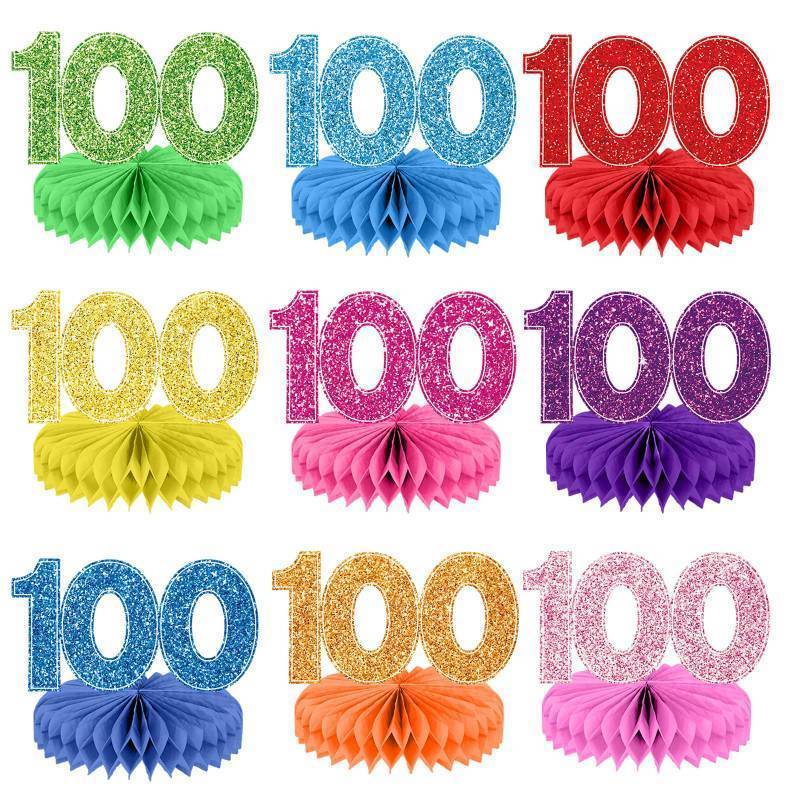 lot 26301 image: 9pcs 100 Days of School Honeycomb Centerpiece for Happy 100th Day of Party Decoration Number 100 Table Topper Centerpiece for School Party 100 Year Old Birthday Anniversary Supplies - Retail $10