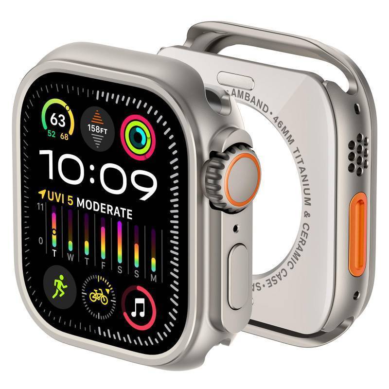 lot 26325 image: Apple Watch Series 11 10 46mm Metal Case Men, W1 Rugged Protective Bumper Turn iWatch into Ultra 321 Look with Back Cover, Upgrade Conversion Kit Stylish Protector - Natural Titanium - Retail $18