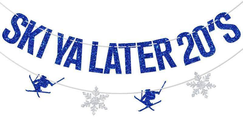 lot 26361 image: Ski Ya Later 20s Banner, Skiing Birthday Party Decorations, Ski Themed 30th Birthday Decoration Supplies, Winter Sport Bday Decor Blue Glitter - Retail $10