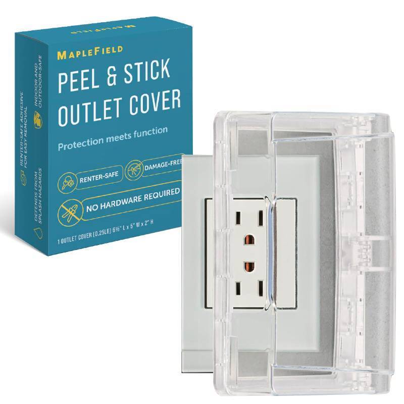 lot 44533 image: Peel and Stick Outlet Cover for Single Stack US Outlets Waterproof Splash Guard with Button-Hinged Secure Closure for Indoor & Outdoor Use, 6.3-Inch x 5-Inch - Retail $15
