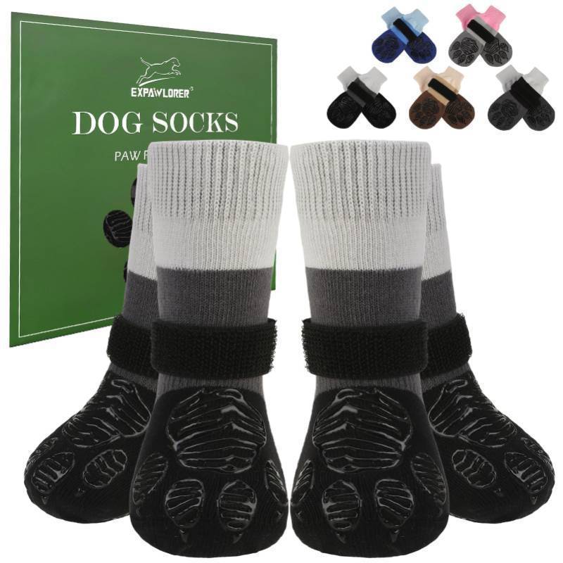 lot 14975 image: Anti Slip Dog Socks to Prevent Licking Paws, Dog Shoes for Cold Winter, Dog Booties for Hardwood Floors, Dog Boots & Paw Protectors with Grippers for Small Medium Large Senior Dogs Black S - Retail $18