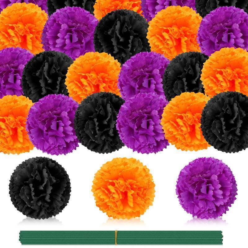 lot 15351 image: 24Pcs Marigold Flower Heads Bulk, Mexican Artificial Marigold Flowers for Day of The Dead Decoration Wreath Garland Craft Diwali Dia De Los Muertos Halloween Home Decor Orange Purple Black - Retail $10
