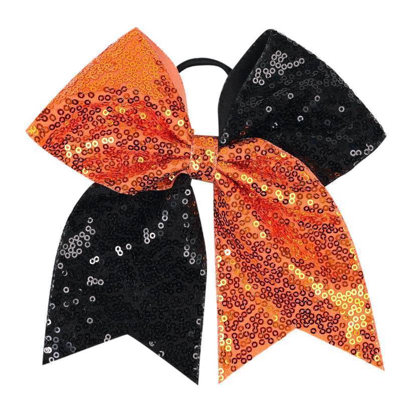 lot 15446 image: Bow Hair Tie for Girls Large Cheer Bow Sequins Ponytail Women Teen Girls Cheerleading Ribbon Holder Hair Band (Black  Orange) - Retail $8