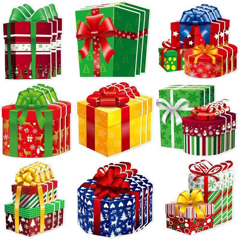 lot 16048 image: 45 Pcs Christmas Party Decoration Xmas Gift Boxes Bulletin Cutouts Merry Christmas Paper Cut Xmas Cutouts Decor for Holiday Party Classroom Home Chalkboard Supplies Decoration (Gift Box) - Retail $15