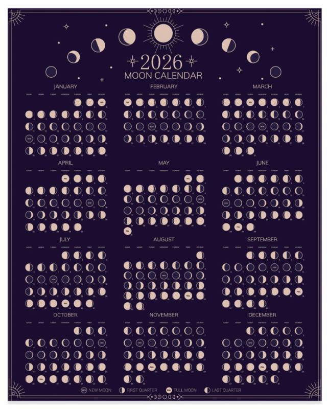 lot 16077 image: 2026 Wall Calendar - Moon Phases Poster, 11 x 14 inches Hangable Full Moon Cycle Lunar Calendar, Moon Tracker Wall Art Poster, Astrology Calendar Decorations, Moon Lover Gifts (Black) - Retail $6