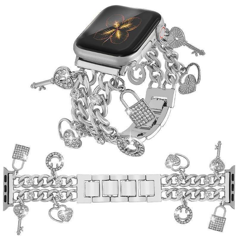 lot 16080 image: Cuban Chain Band Compatible with Apple Watch Bands 384041mm Women, Bling Diamond Chain Metal Wristband Cute Charms Pendants for iWatch Series 10 9 8 7 6 5 4 3 SE (A5-Bling Silver, 38MM) - Retail $16