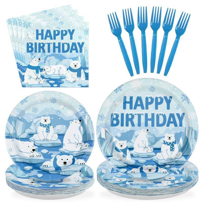 lot 16098 image: 96Pcs Winter Polar Bear Birthday Party Decorations Arctic Polar Animals Plates and Napkins Tableware Sets Winter Party Decorations for Boys Girls Baby Shower Snowflake Theme Party Supplies Serves 24 - Retail $16