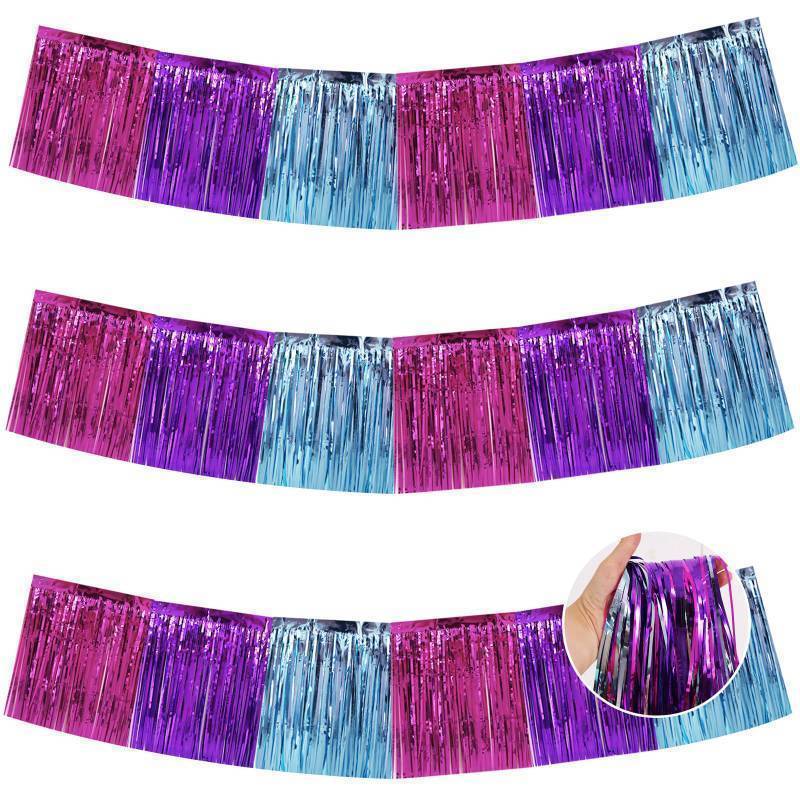 lot 24840 image: 3 Packs Metallic Foil Fringe Garland Blue Purple Pink Wall Hanging Tinsel Fringe Banners for Car Floats Bridal Shower Wedding Birthday Easter Graduation Holiday Party Decoration(30 Feet) - Retail $12