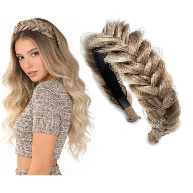 lot 55207 image: Braided Headband With Tooth Wide Braid Messy Hair Hoop Women Fashion Hair Accessories (Dark Golden Brown Mixed Bleach Blonde) - Retail $16