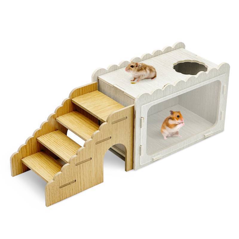 lot 55223 image: Hamster Hideout Wooden Chamber with Climbing Ladder, Visible Hamster Digging Box with Acrylic Transparent Board Gerbil Platform Exploring House Habitat Decor for Dwarf Hamsters Gerbils Mice - Retail $18