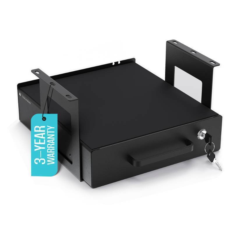 lot 55299 image: Under Desk Drawer Slide-Out Lockable Metal Storage Drawer with Cable Management for Office & Home (Single, Bracketed) - Retail $60