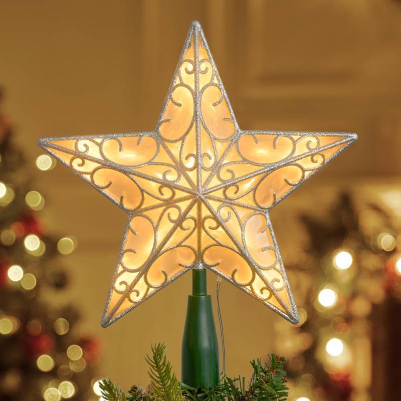 lot 26465 image: 9 inch Silver PVC Star Christmas Tree Topper, with 10 Warm White Light Glitter Swirl Battery Powered Indoor Decorations for Home Holiday Xmas Party - Retail $22