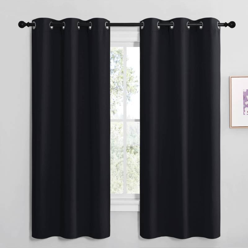 lot 26479 image: Bathroom Blackout Thermal Curtains and Drapes, Black Solid Thermal Insulated Grommet Blackout Drapery Panels for Window (2 Panels, 42 inches Wide by 68 inches Long, Black) - Retail $26