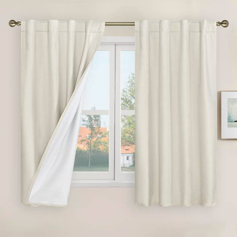 lot 26487 image: Ivory 100% Blackout Linen Curtains 48 Inches Long, Linen Textured Living Room Kitchen Curtains Full Room Darkening Back Tab and Rod Pocket Panels with White Liner, 2 Panels, 34 x 48 Inch