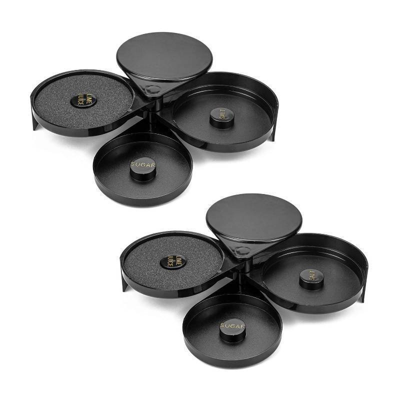 lot 26537 image: 2 Pack 3 Tier Bar Glass Rimmer Bartender Tool with Sponge, Black Plastic Sugar Salt Glass Rimming with 3 Swing Out Trays for Margarita and Cocktail - Retail $19