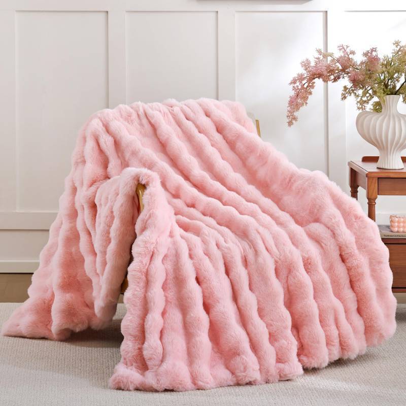 lot 26559 image: Faux Fur Throw Blanket for Couch �� Blush Pink Fluffy Cozy Rabbit Fleece, Plush Soft Bubble Blanket for Sofa & Bed, for Mom, Warm Fuzzy Home Room Decor Throw 60 x 80 - Retail $60