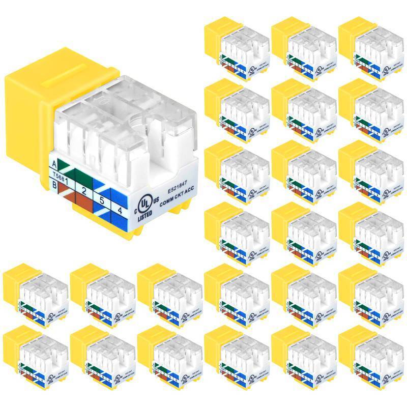 lot 56693 image: Cat6 RJ45 Keystone Jack Insert 25-Pack, 90 Degree Punch Down Keystone Jack Adapter Slim Profile Yellow - Retail $25