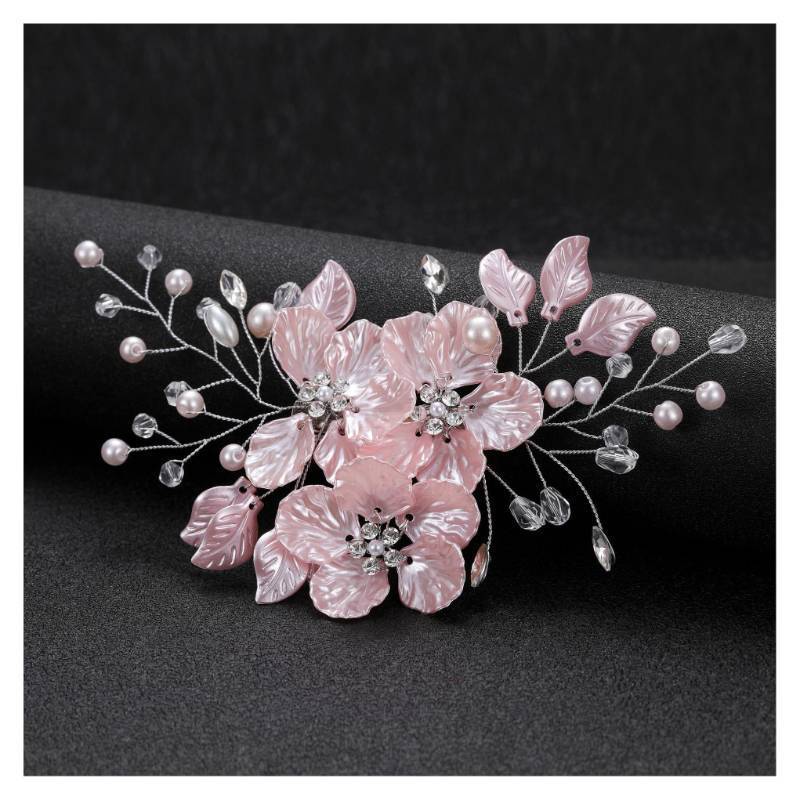 lot 56600 image: Bride Pearl Flower Hair Comb for Women and Girls, Wedding Floral Rhinestone Bridal Hair Piece Side Combs Hair Accessories for Wedding Party Daily (Pink) - Retail $7