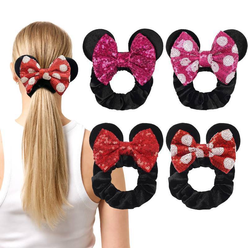lot 56642 image: 4 Pack Mouse Ears Scrunchies Sequin Mouse Bows Velvet Hair Scrunchies Hair Ties Elastic Rubber Bands Ponytail Holders for Kids Women Girls - Retail $9