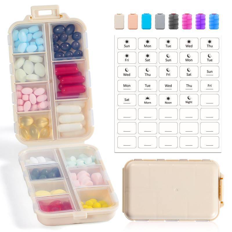 lot 56639 image: 14 GRIDS Travel Pill Organizer Box with Labels - Travel Medicine Case Kit - Pocket Daily Pharmacy Container - Travel Medication Holder Dispenser for Fish Oil Vitamin Supplement Storage - Khaki - Retail $5