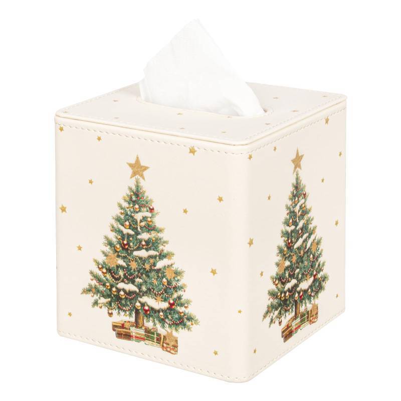lot 56565 image: Christmas Tissue Box Cover Square, PU Leather Tissue Box Holder with Magnetic Closure for Bathroom Livingroom Bedroom, Christmas Decorations Cube Tissue Holder (Christmas Tree) - Retail $11