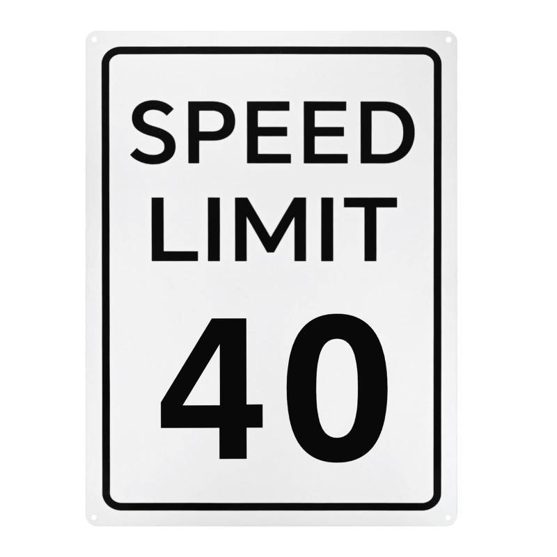 lot 56568 image: Speed Limit 40 MPH Sign, 16 x 12 Aluminum Weather Resistant Waterproof Rust Free Traffic Sign Traffic Street Signs W 2 Pre-drilled Holes for OutdoorIndoor Metal Road Sign - Retail $15