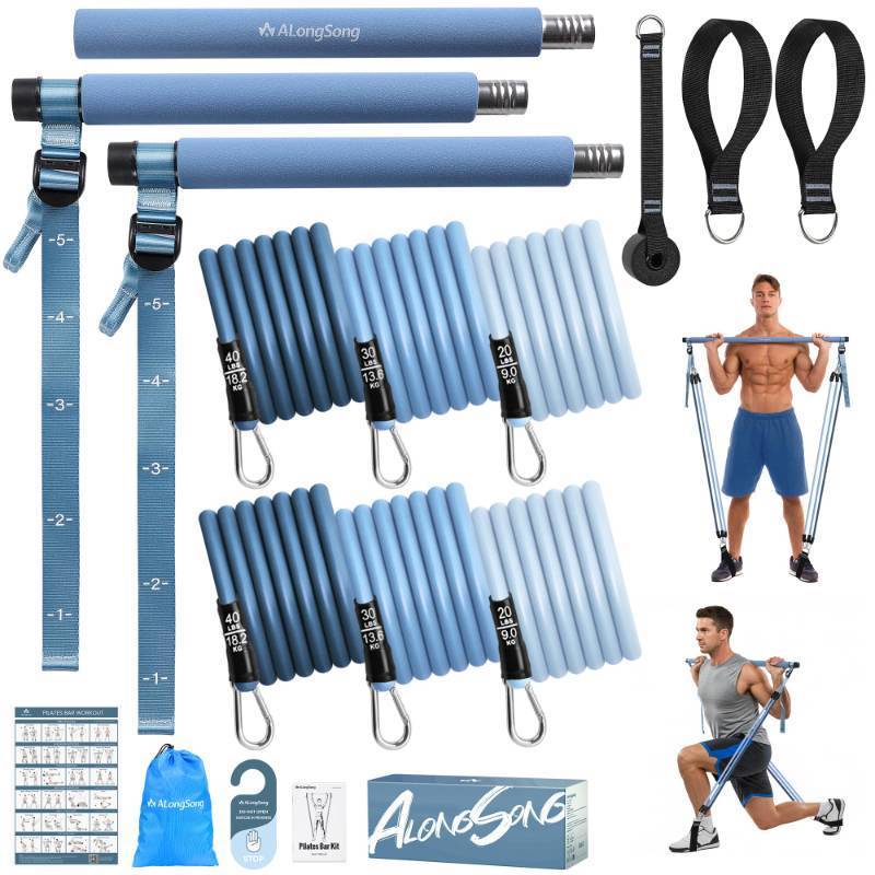 lot 56680 image: Upgraded Pilates Bar Kit with Resistance Bands Natural Latex, Heavy-Duty Stainless Steel Multifunctional Yoga Pilates Stick for Home Gym Exercise Fitness Equipment Full-Body Workouts - Retail $27