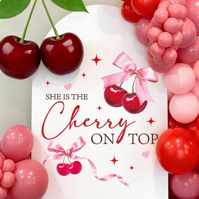 lot 56586 image: Cherry on The Top Decorations - Cherry Theme Baby Shower Decal, Sweet Bow Wall Sticker for Balloon Arch Backdrop Decor, Cherries Theme Bridal Shower Birthday Party Decorations - Retail $12