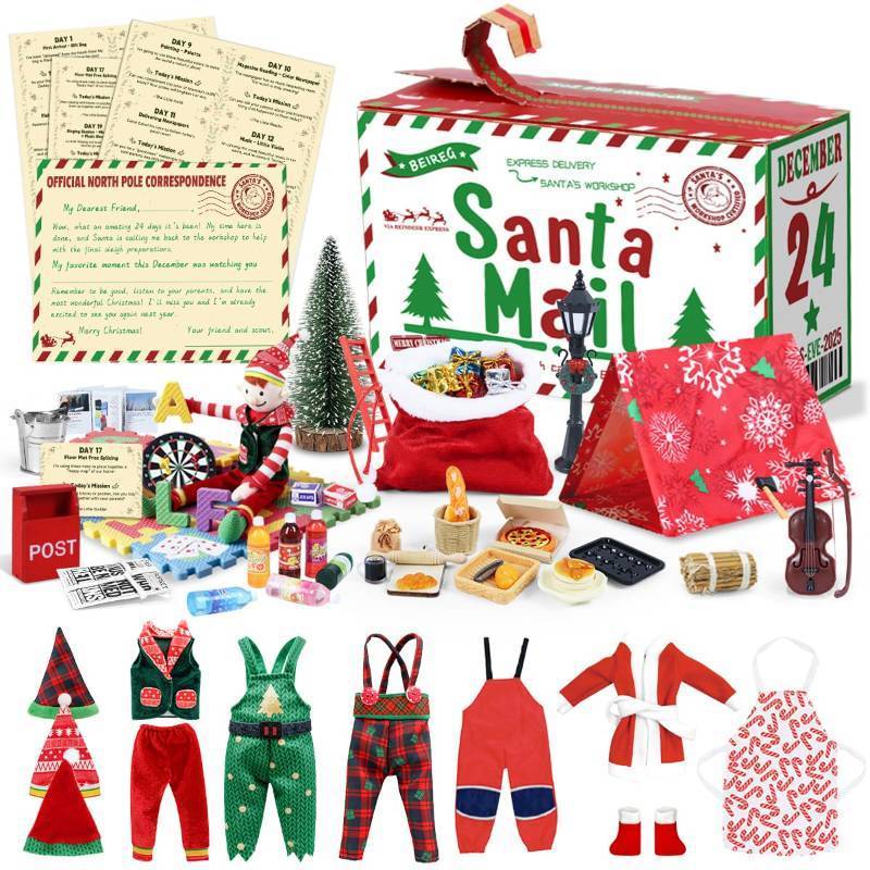 lot 56564 image: Christmas Elf Adventure Playsets Box, 2025 Elf Kit 24-Day Fun Challenges with Daily Tasks, Clothes Props Accessories for DIY Scenes, Creative Idea for Kids Christmas Decorations - Retail $75