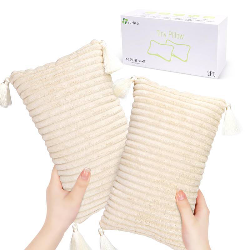 lot 56594 image: Small Travel Pillow with Tassels, 11x 7 Neck Pillow for Sleeping, Mini Travel Pillows, Tiny Pillows for Neck, Wrist, Lumbar and Knee, Pets, Machine Washable, Beige-2pc - Retail $20