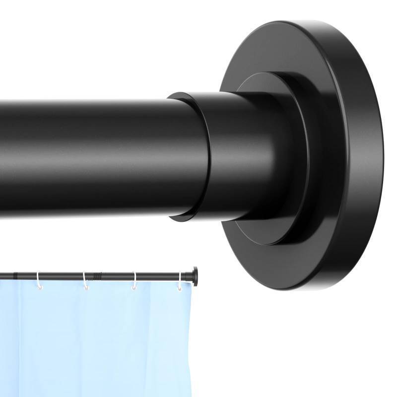 lot 56605 image: Black Shower Curtain Rod 32 to 43 Inch,1 Inch Diameter Adjustable Spring Tension Stainless Steel Telescoping Rod, Easy Install, No Rust - Retail $15