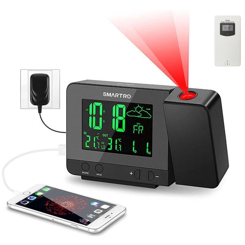 lot 56640 image: Digital Projection Alarm Clock with Weather Station, Indoor Outdoor Thermometer for Bedrooms, USB Charger, AC Battery Operated - Retail $35
