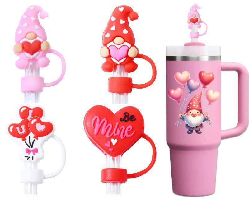 lot 56618 image: Valentines Day Straw Toppers - 4PCs 10mm Silicone Straw Cover Compatible with Stanley Cup - Cute Heart Straw Accessories with Storage Box - Retail $6