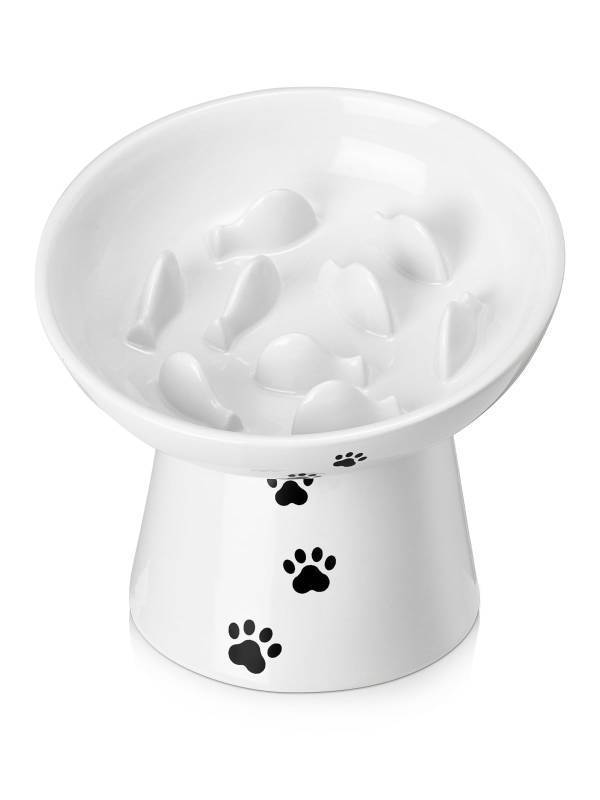 lot 56538 image: Y YHY Slow Feeder Cat Bowl, Ceramic Cat Slow Feeder Bowl, 6 Inches, Elevated, Anti Vomiting for Dry and Wet Food, White - Retail $23
